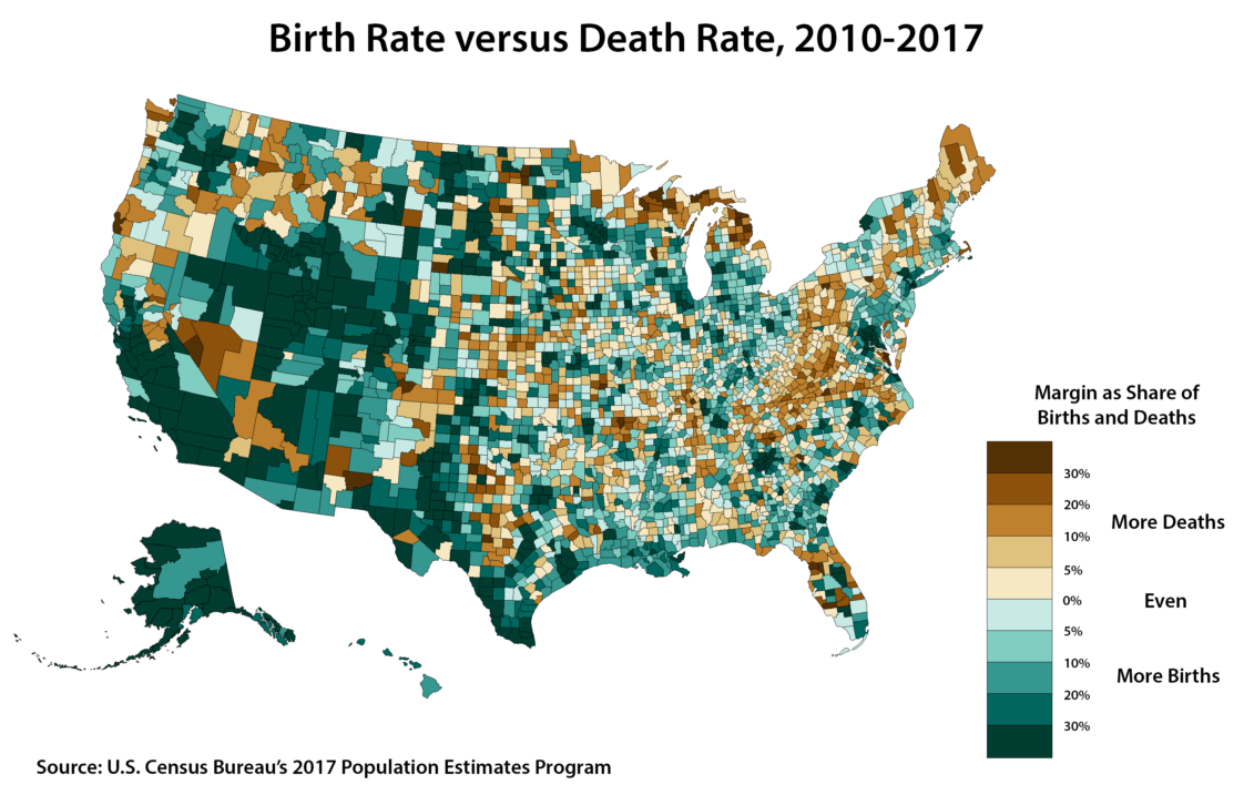 Map Birth rate versus death rate by U.S. county [OC] Infographic.tv