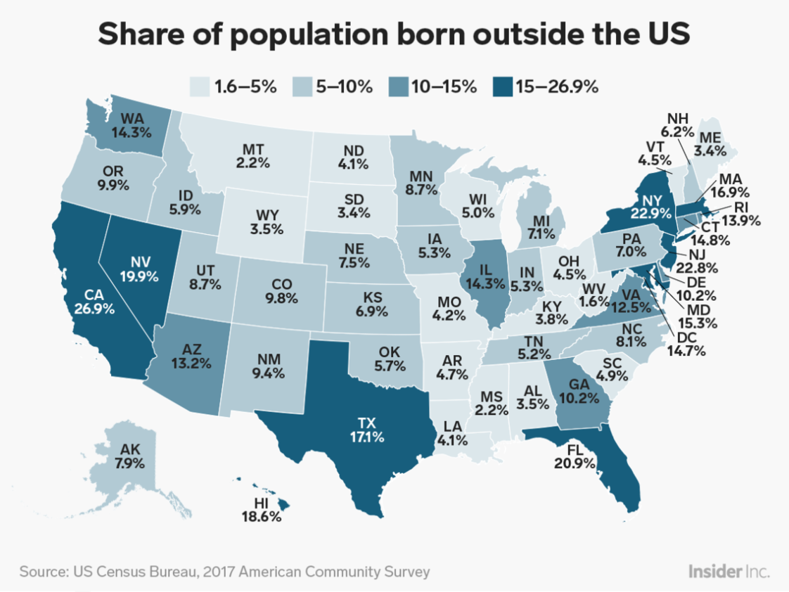 Map Percentage of people born outside the U.S. in each state