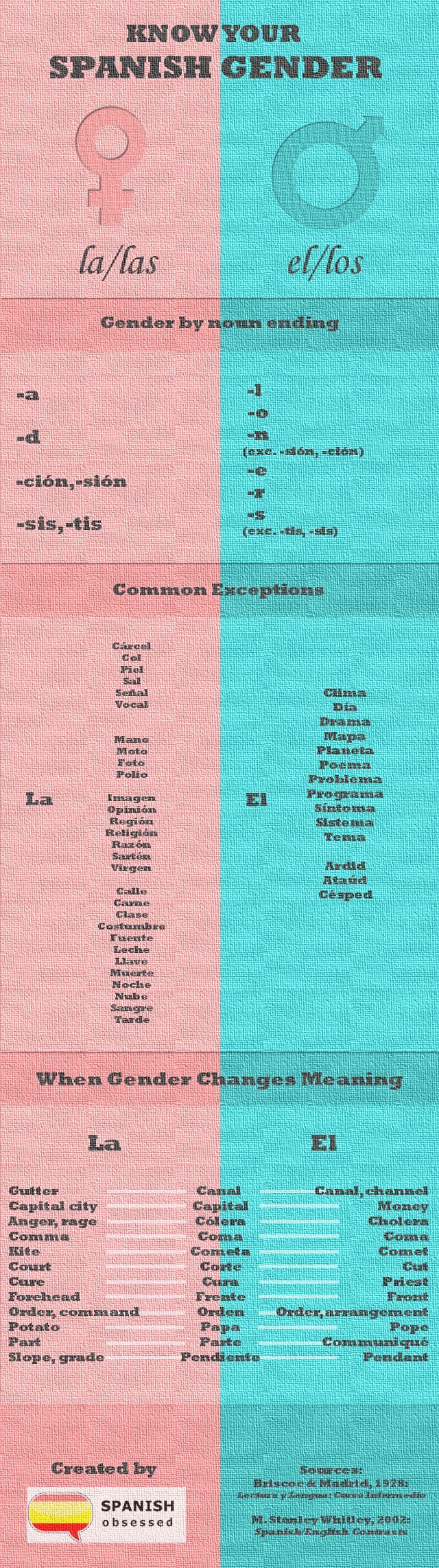 The bite-sized guide to Spanish gender, in an easily digestible infographic! #learntospeakspanish