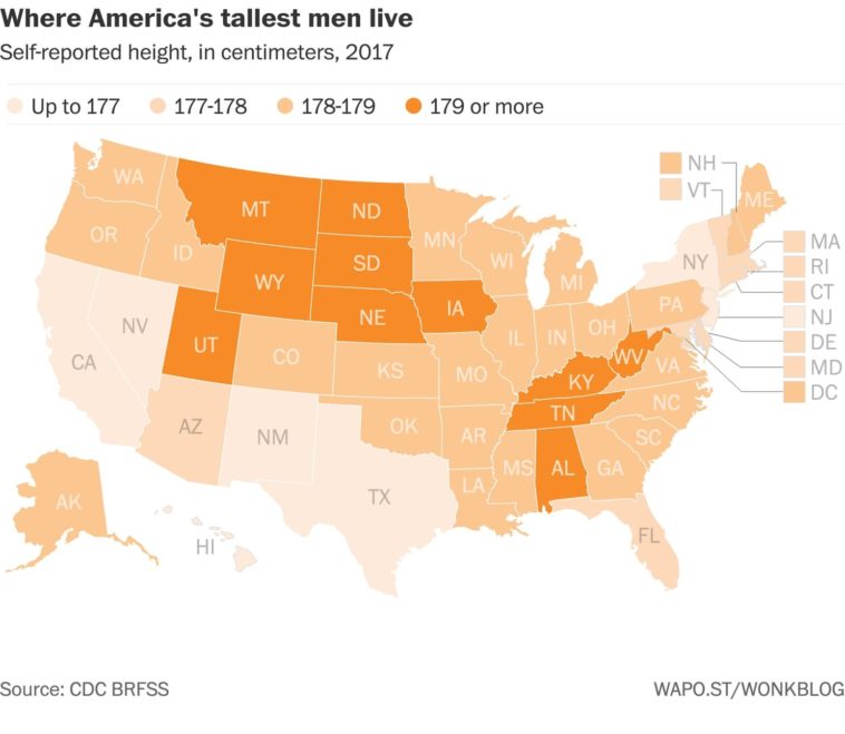 Map Average Male height in US by State Infographic.tv Number one