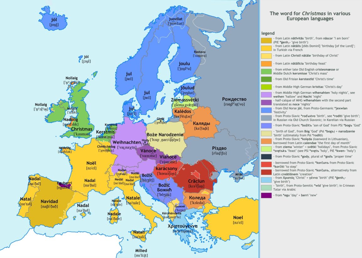 Map : Etymology of Christmas in European languages - Infographic.tv - Number one infographics 