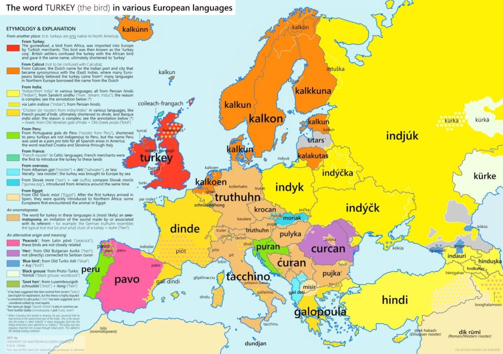 Map Etymology of the bird "turkey" in European languages