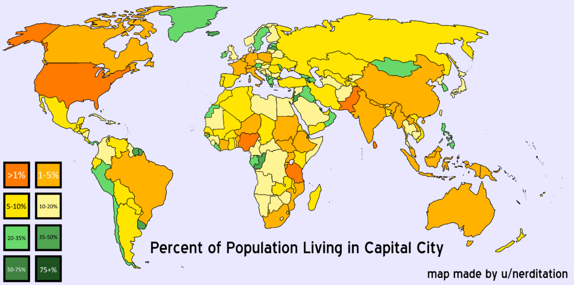 Map [OC] Percentage of Countries's Population Living in the Capital City Infographic.tv