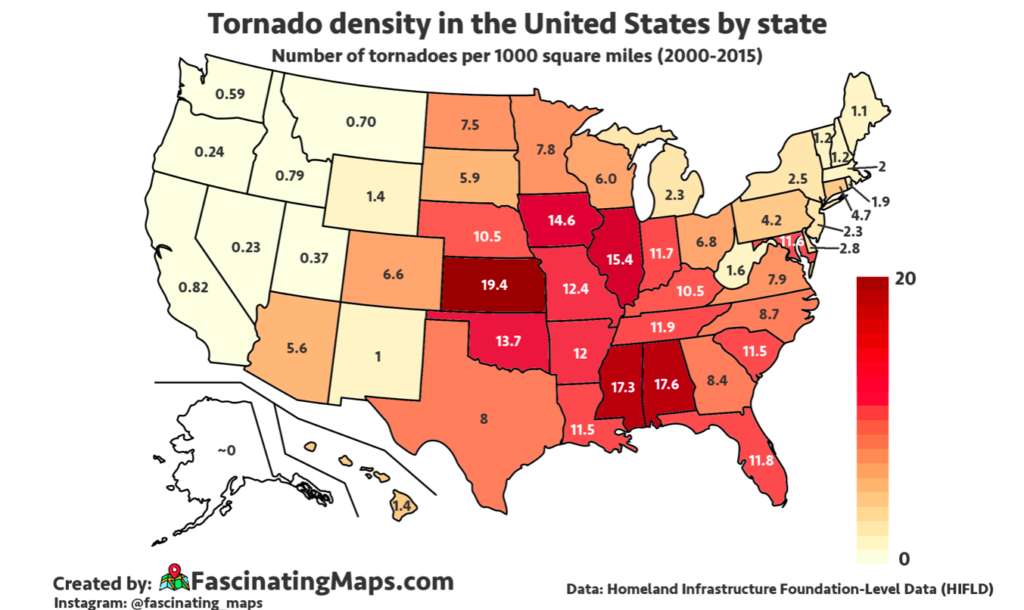 Map Tornado Density In The United States By State 2000 2015 Oc