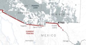 Map : US border (and existing walls/fences) with Mexico. Interactive