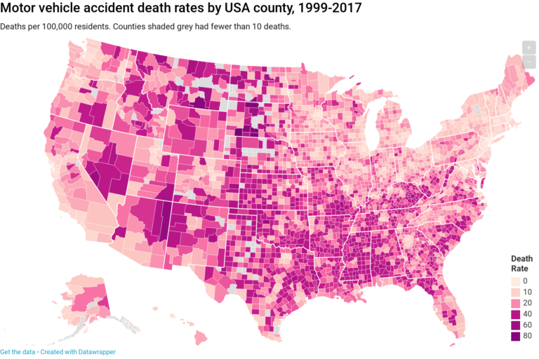 data visualization Car accident death rates by USA county, 19992017