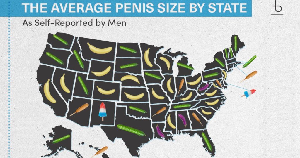 data visualization The Average (SelfReported) Penis Size by State and How Much Men Lie