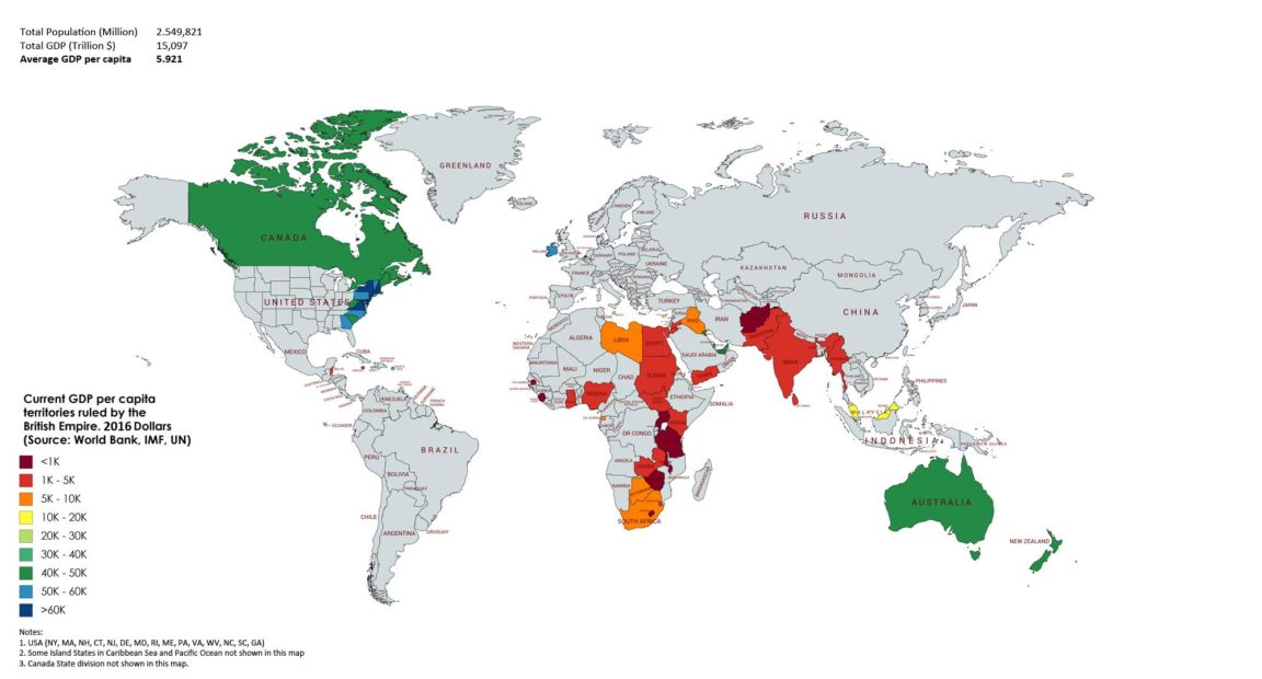 Map Current GDP per capita of former territories ruled by the British