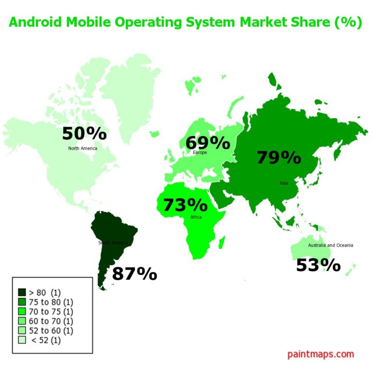Map Android Operating System on Mobile Phones Market Share (). Generated with