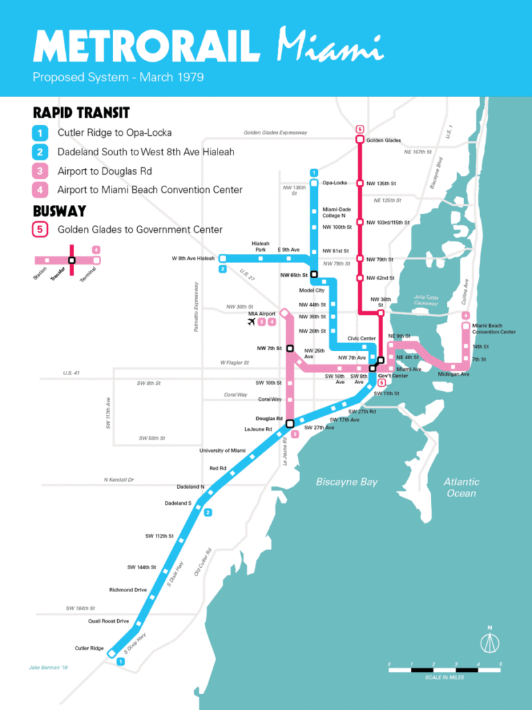 map : miami metrorail plan, 1979 vs. miami's current metro
