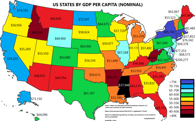 Map : US States by GDP per capita nominal (Q2 2018) [1125×700] [OC ...