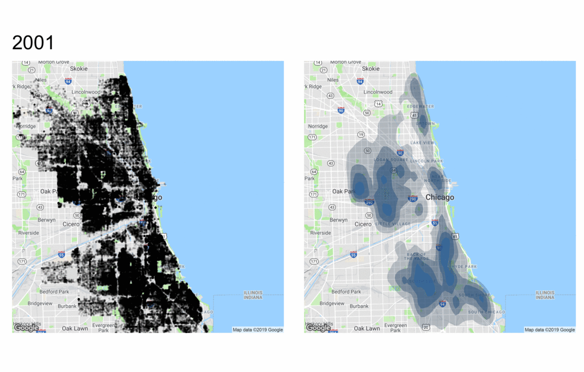 data visualization : Heatmap of violent crime in Chicago 2001-2018 [OC 