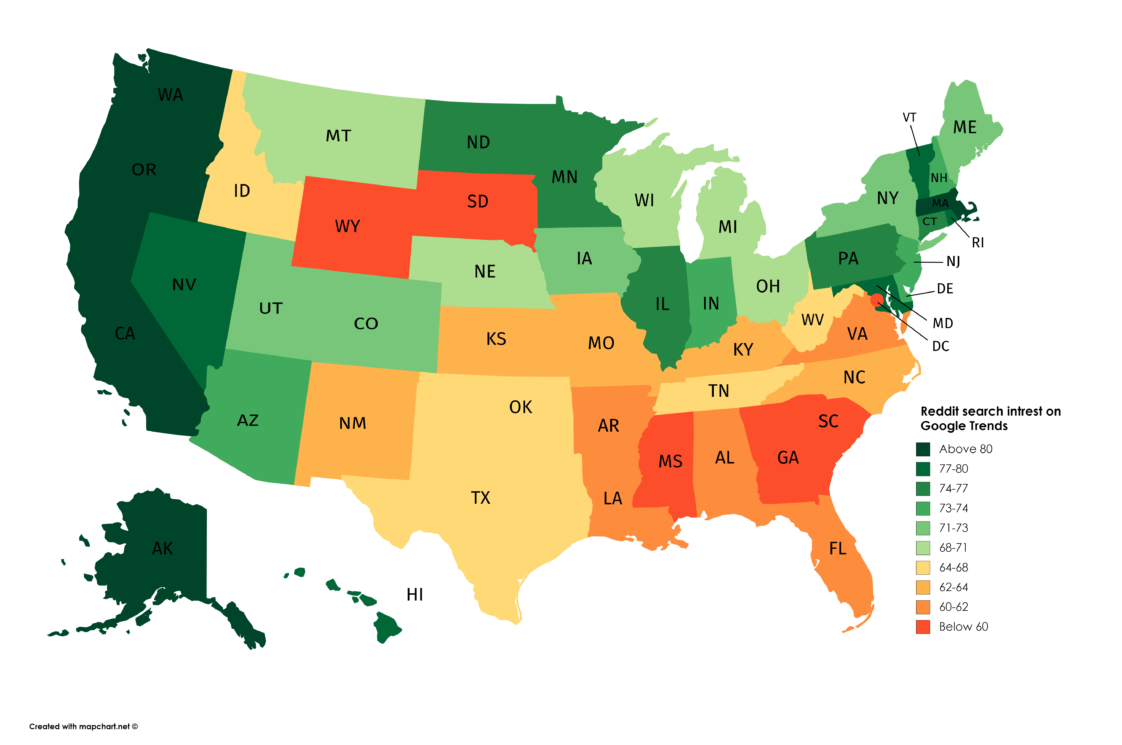 Map : Reddit search interest on google trends - Infographic.tv - Number ...