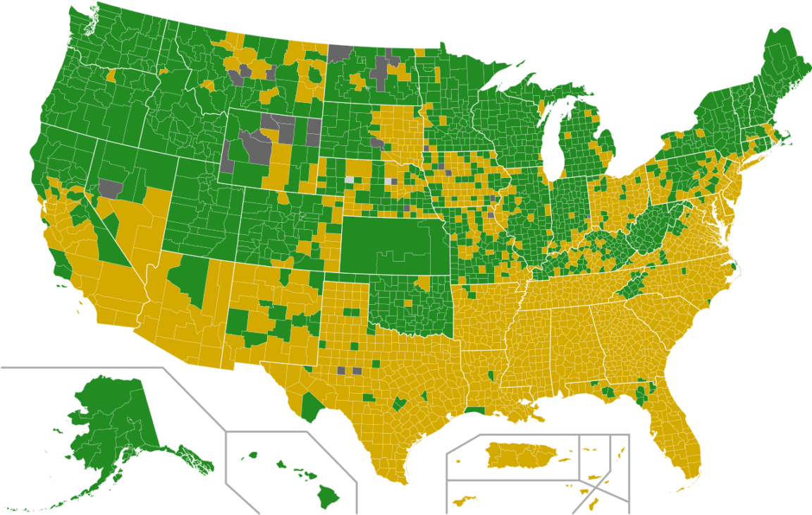 Map 2016 Democratic Primary results by county (Yellow = Clinton