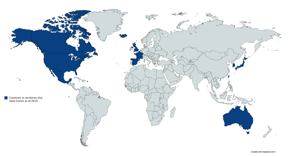 Map Countries or territories where Costco is present (2019