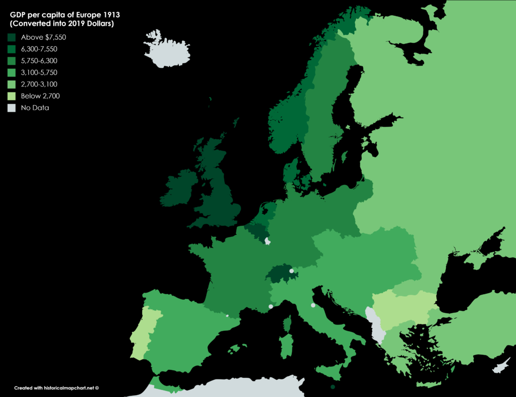 Map : GDP per capita of Europe 1913 (Converted into 2019 Dollars ...