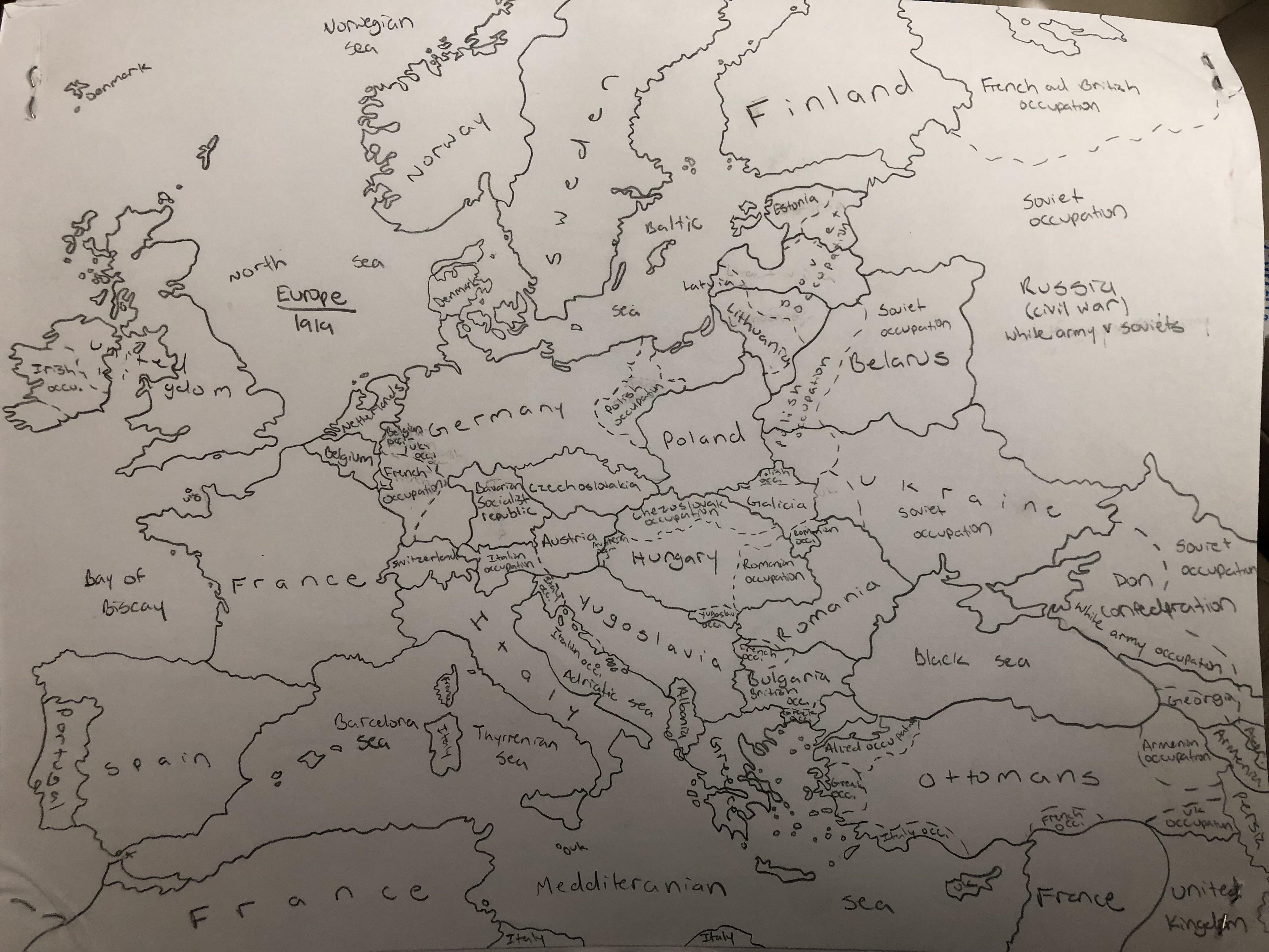 Map : Hand drawn map of Europe during the post WW1 chaos of 1919