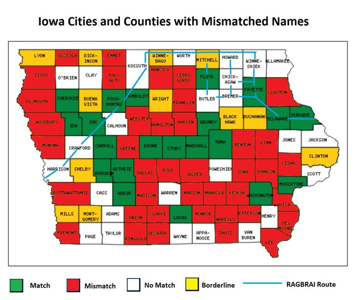 Map : Iowa Cities and Counties with mismatched names (907 x 767