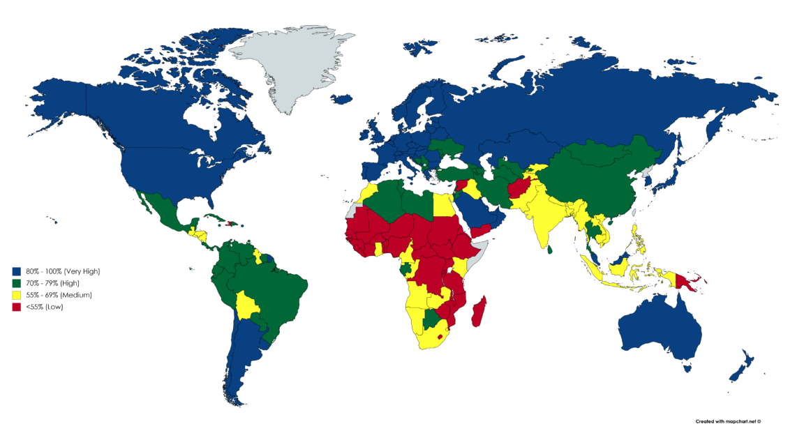 Map Map of countries that is colour coded according to HDI (Human