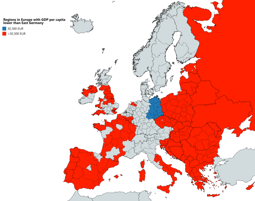 Map : Regions in Europe with GDP per capita lower than East Germany ...