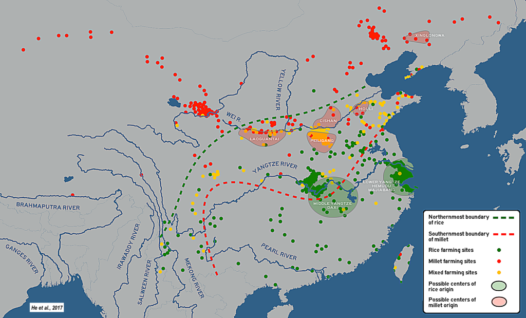 Map Rice vs Millet farming in Neolithic China (circa 10,000 BC to