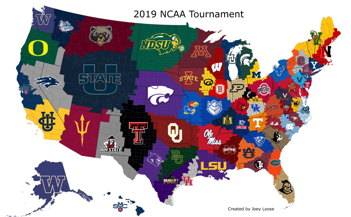 Visual Closest NCAA Tournament Team to US Counties Infographic.tv