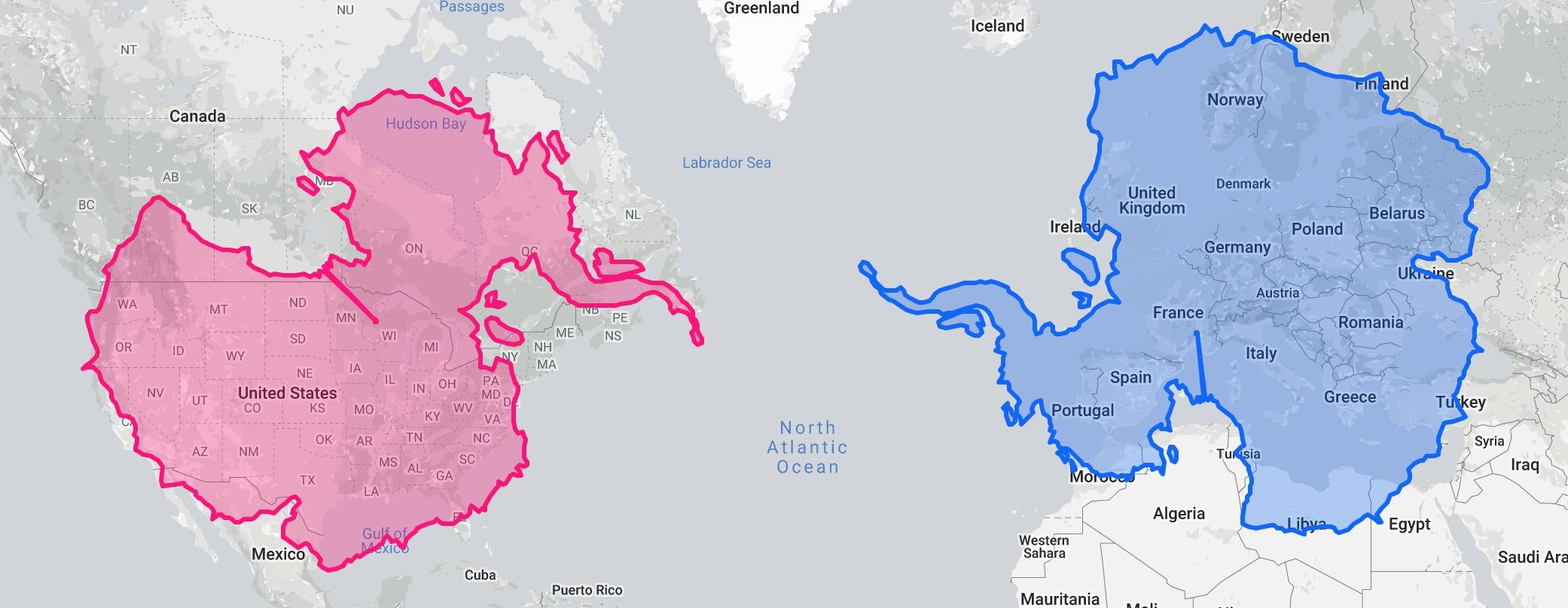 Map Antarctica Compared To Europe And The United States