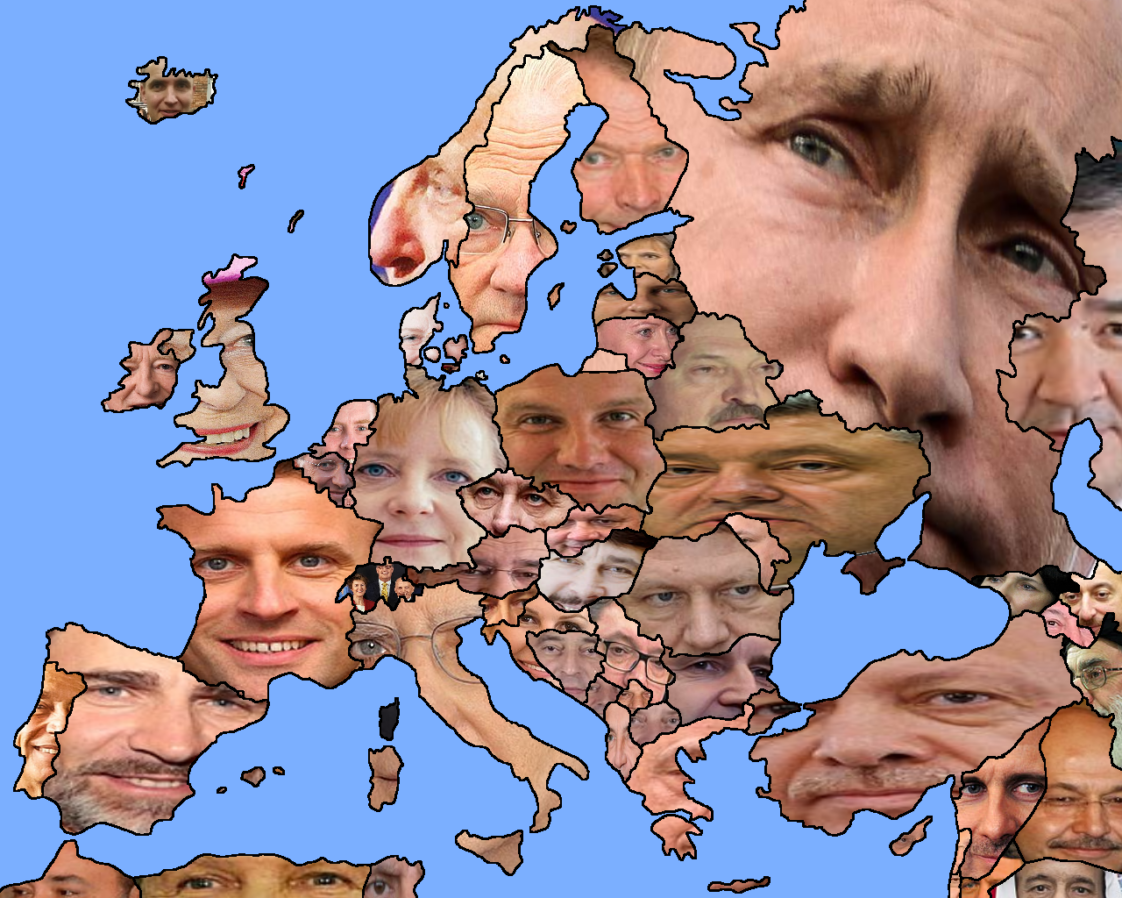 Map Europe, NorthAfrica and the Middle East. All heads of state