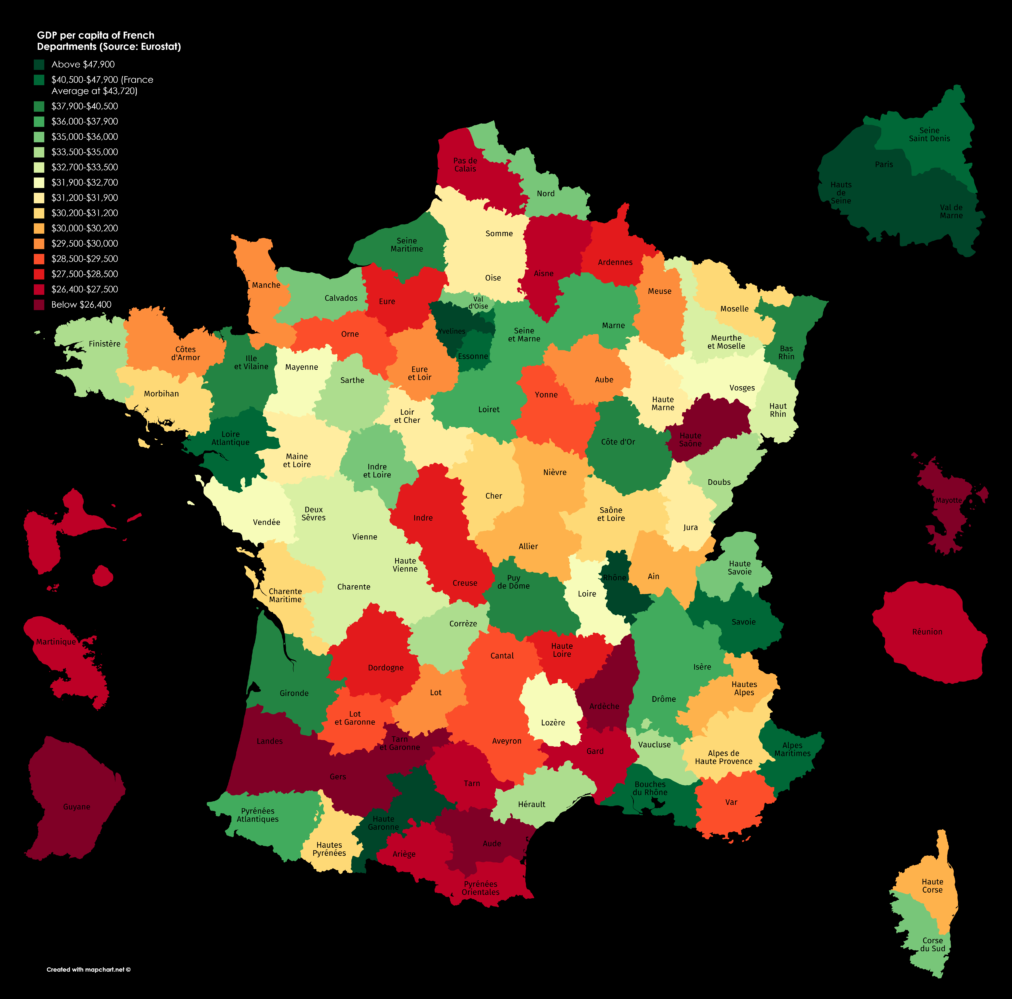 Map GDP per capita (PPP) of French departments (Source Eurostat