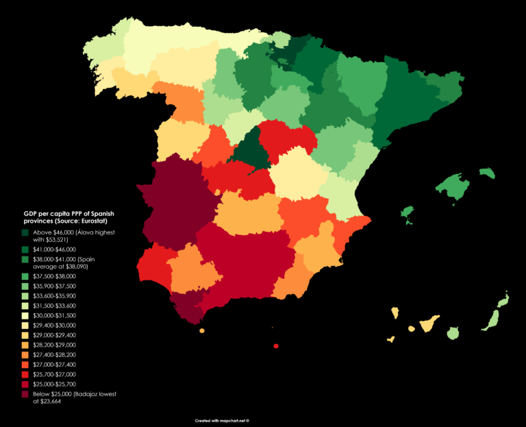 Map GDP per capita PPP of Spanish provinces (Source Eurostat