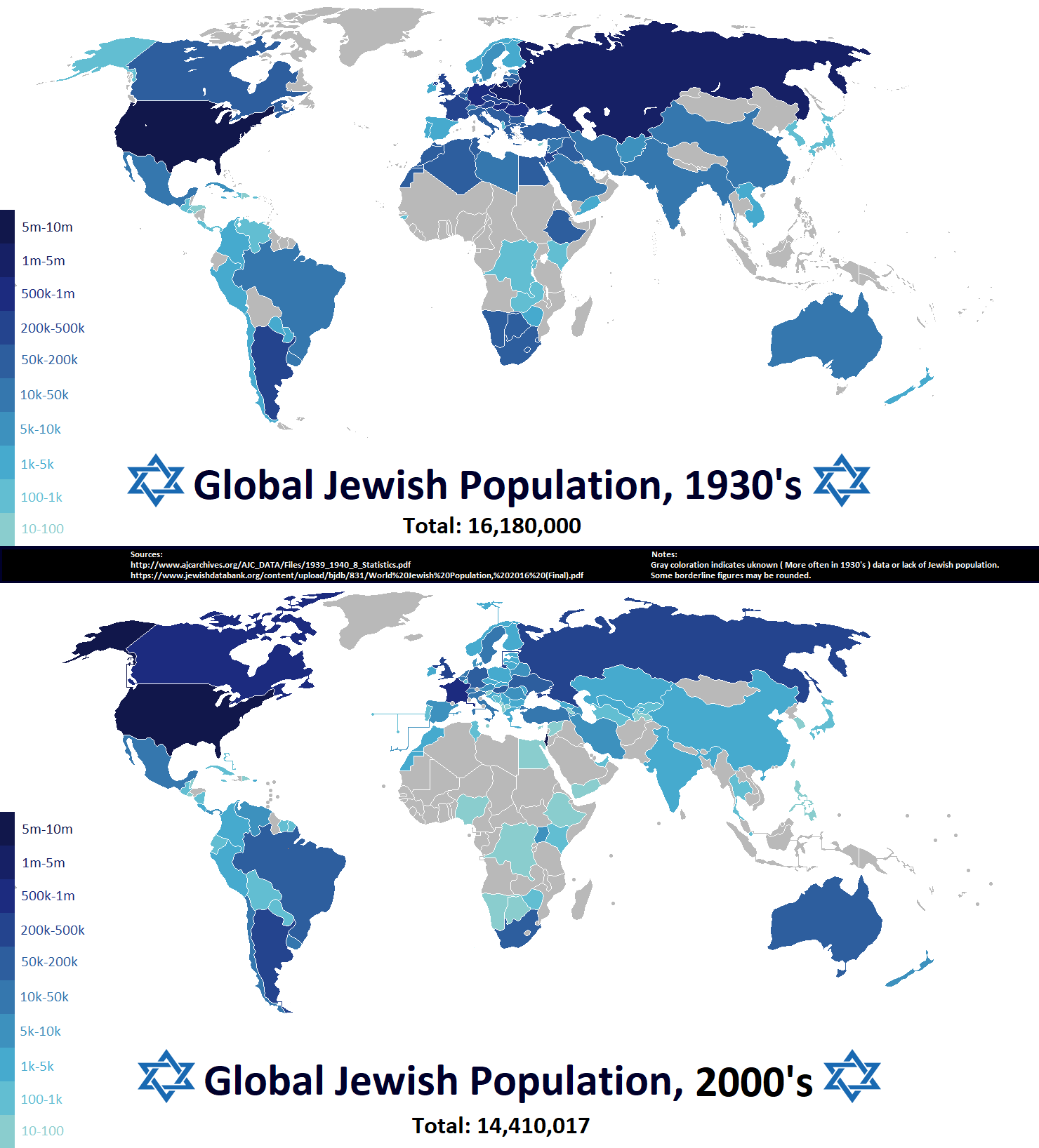 Map Global Jewish Population 1930s And 2000s 