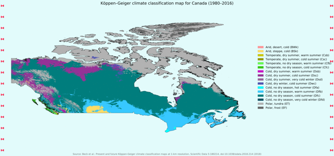Map : Köppen–Geiger climate classification map for Canada (1980-2016