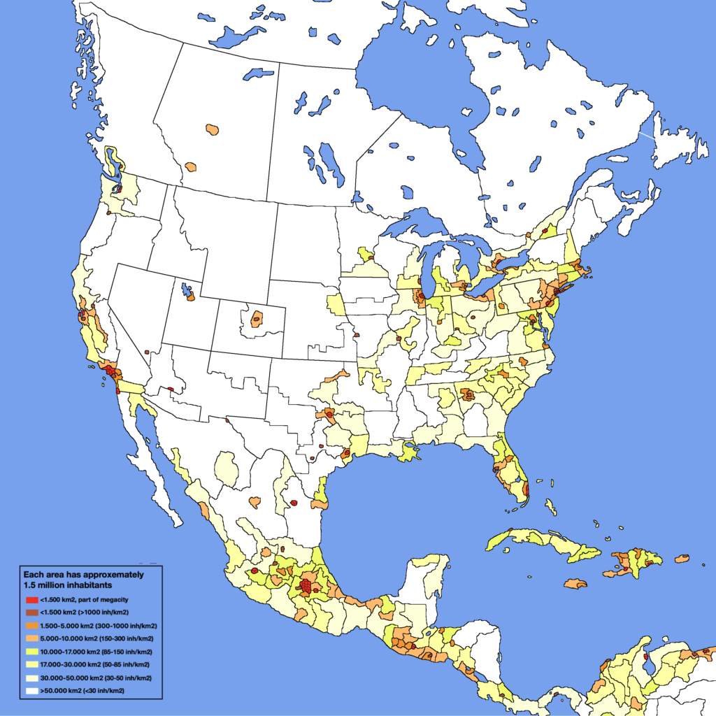 Map : North America population density, absolute amount of 1.5 million
