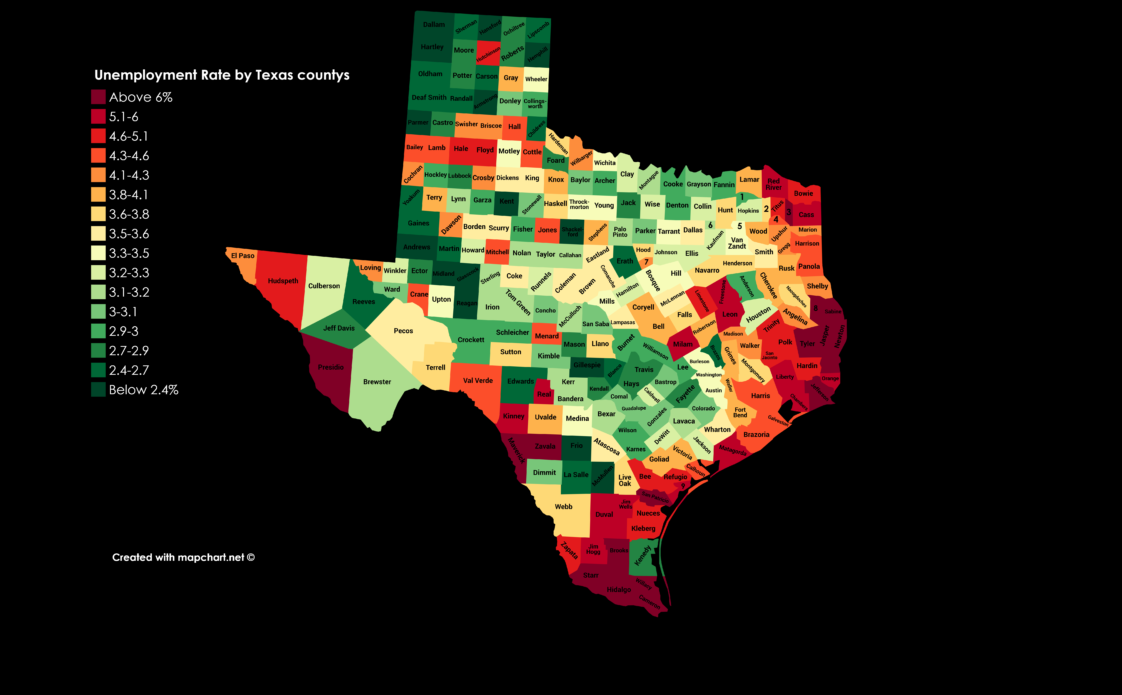 Map Unemployment rate by Texas counties (Source Bureau of Labor