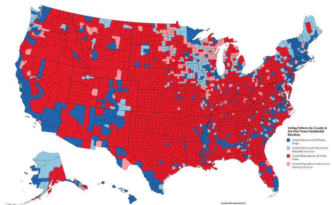 Map Voting Patterns By County In The Past Three Presidential Election