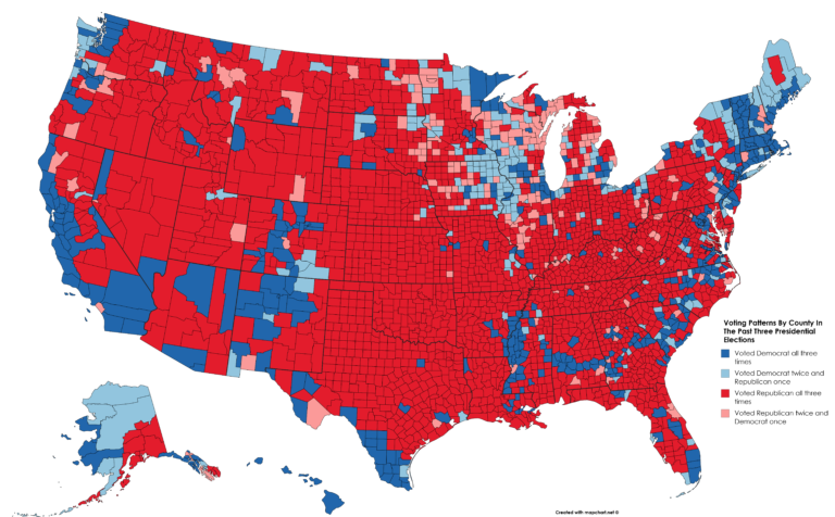 Map : Voting Patterns By County In The Past Three Presidential Election ...