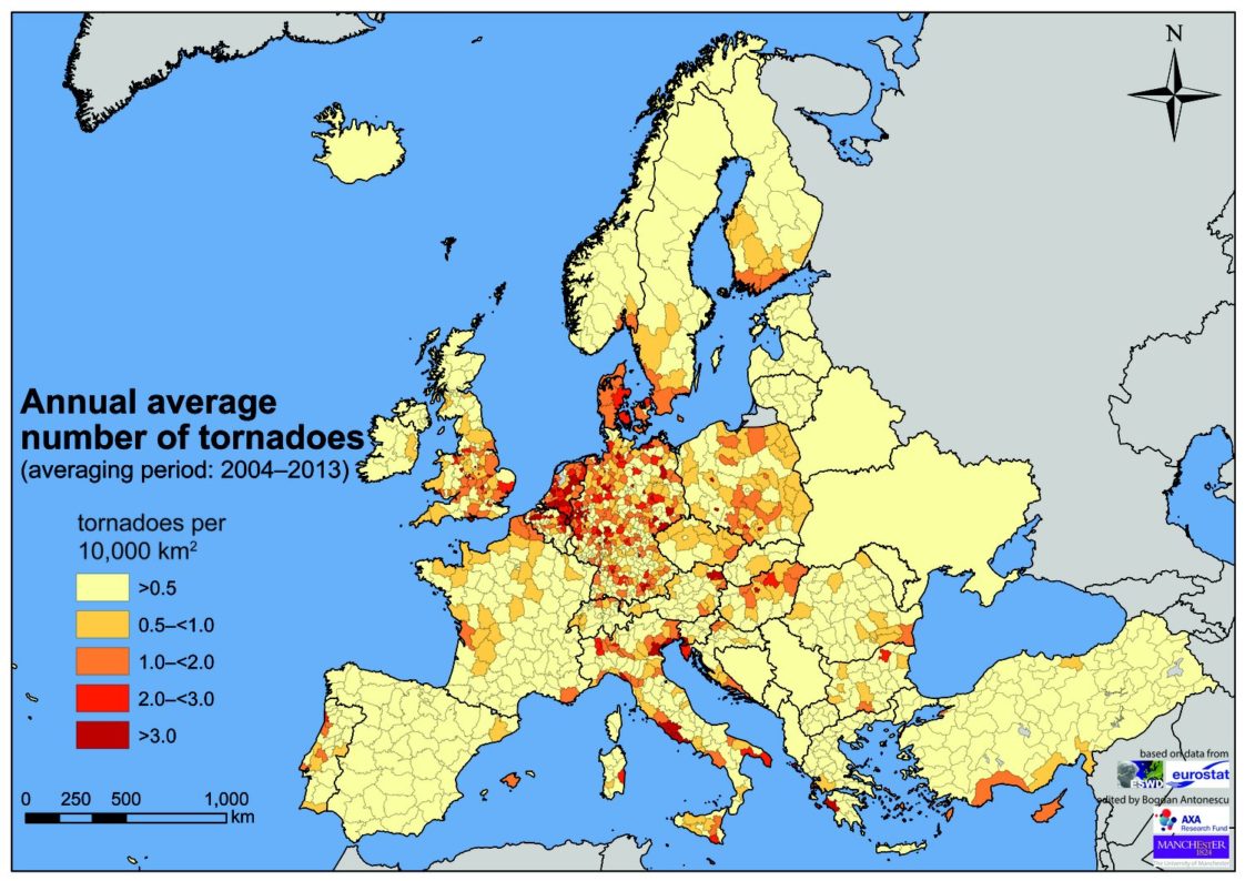 Map : Annual average number of tornadoes in Europe - Infographic.tv