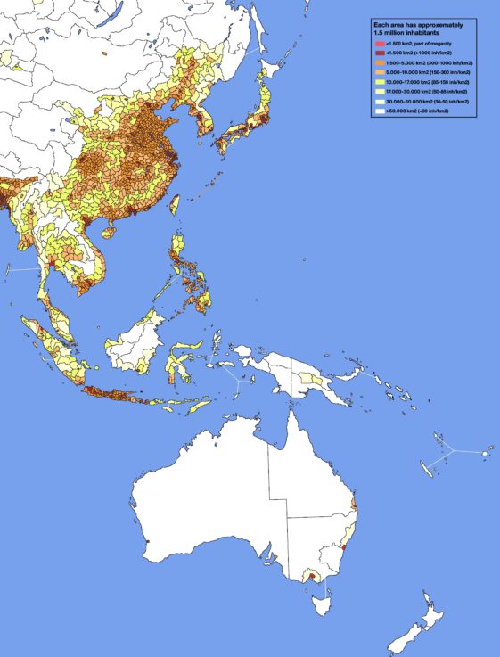 Map : East Asia population density, absolute amount of 1.5 million ...