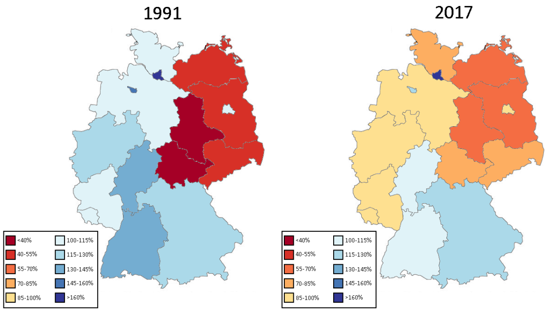 Map GDP per capita of German states as percent of German average