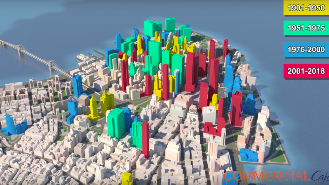 Map Lower Manhattan skyscrapers, organized by time period built