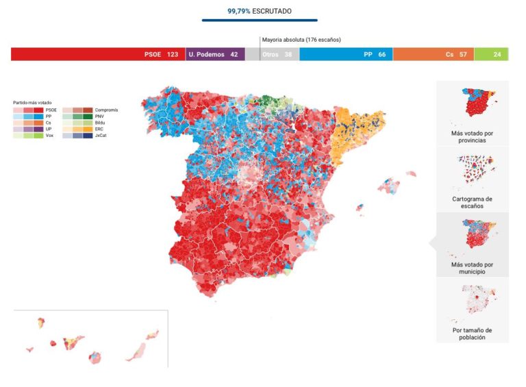 Map Yesterday's General Elections Results in Spain. Can you identify
