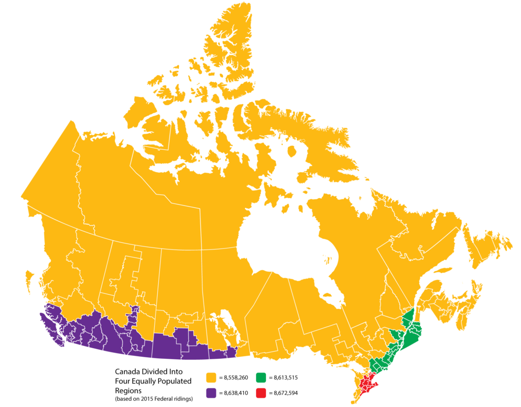 Map : Canada divided into four regions of equal populations (based on ...