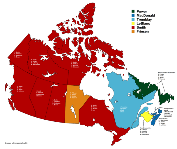 Map Most Common Surnames In Each Of Canada S Provinces And Territories Infographic Tv