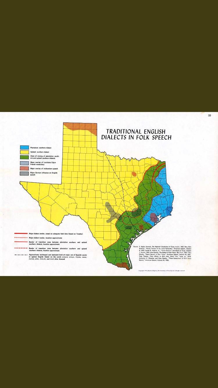 Interesting 1976 map of English dialects in Texas, demonstrating the divide  between the more Deep Southern accent of East Texas (drawl) vs. the more  Appalachian accent of North and West Texas (twang) 
