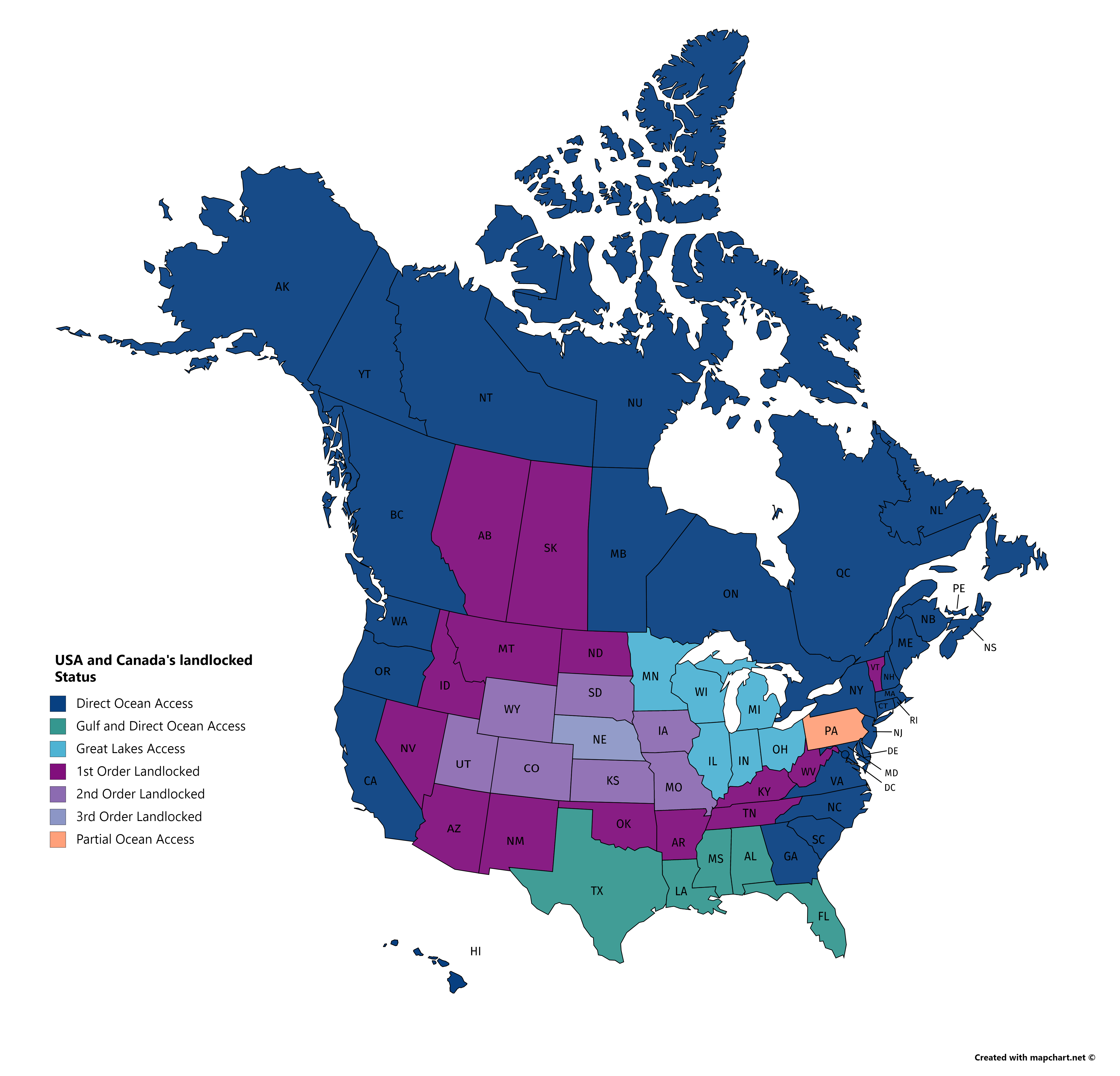 Map : The landlocked states of provinces of the USA + Canada ...