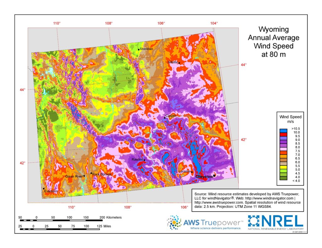 Map Wyoming average annual wind speed at 80m Infographic.tv