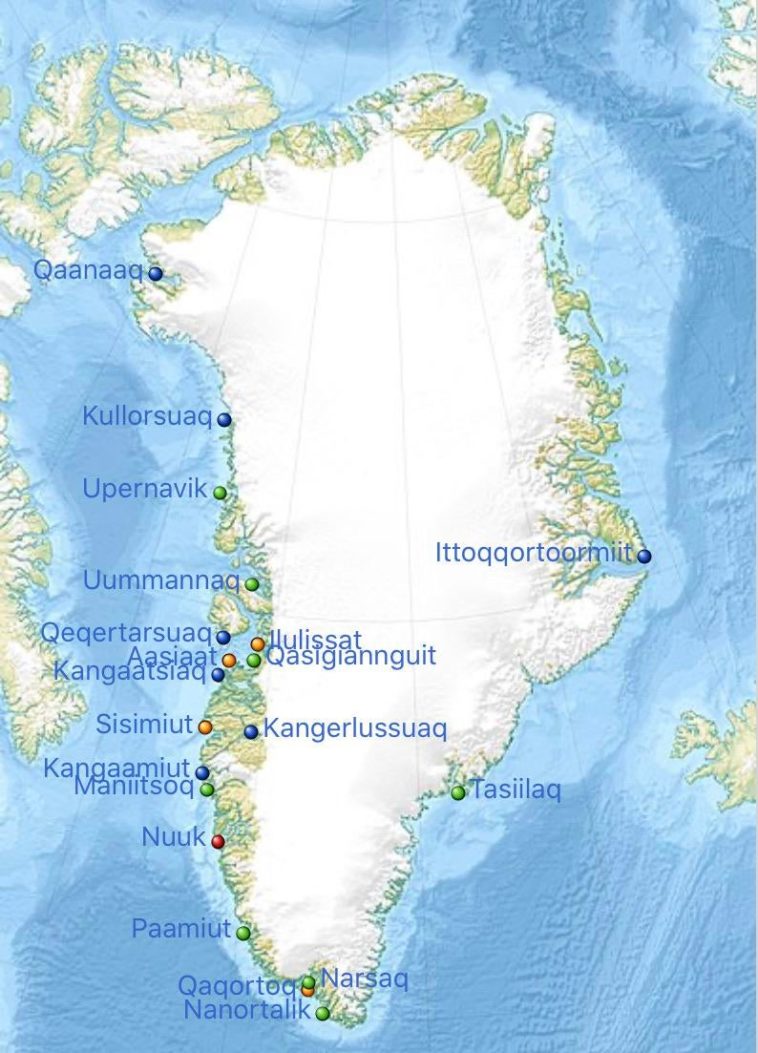 Map : Map of all settlements in Greenland with more than 1000 people ...